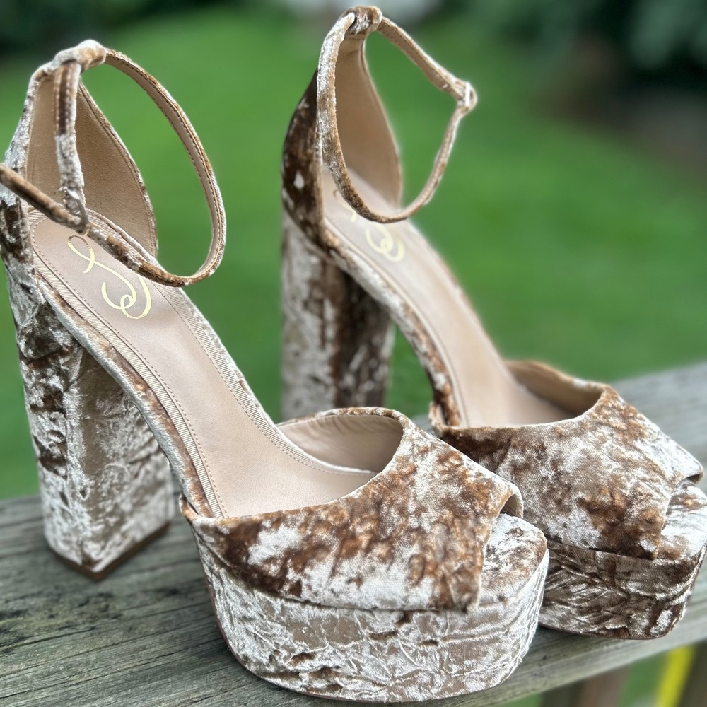 Sam Edelman Ariane Platform Sandal 9.5 Champagne Velvet Y2K Glam Block Heel